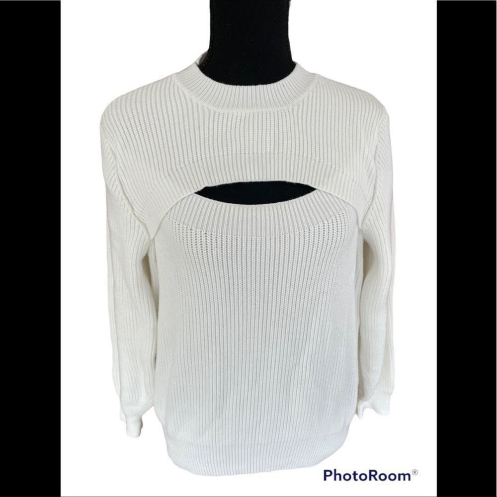SHEIN white ribbed knit crew neck sweater with open bodice, size M/6